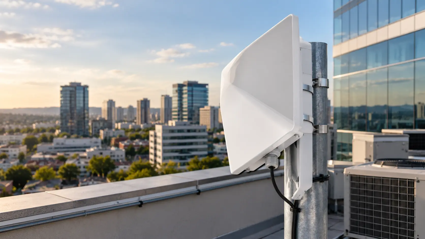 Antena FWA 5G instalada no terraço de um prédio comercial