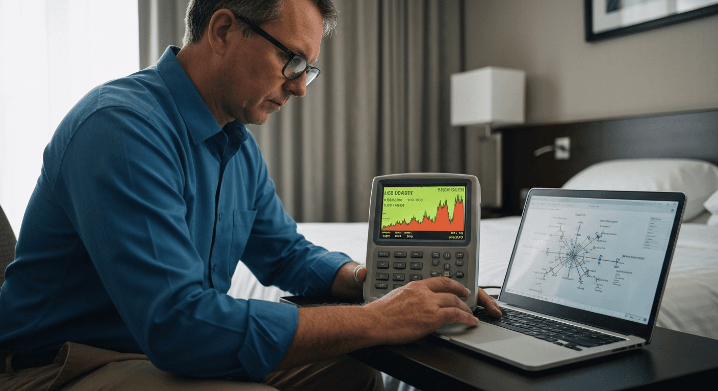 Engenheiro de rede avalia atenuação de sinal Wi-Fi com equipamento em quarto de hotel.