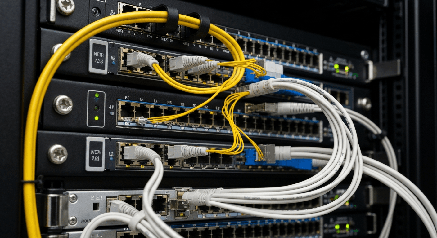 Cabos de fibra óptica conectados a portas de rede piscando em um servidor de telecomunicações