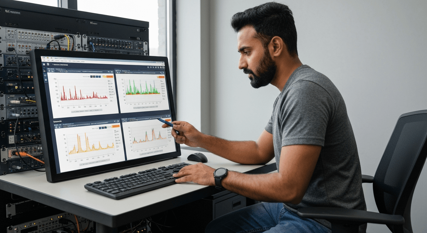 Engenheiro de rede monitorando desempenho de Access Points de Wi-Fi em hotel.