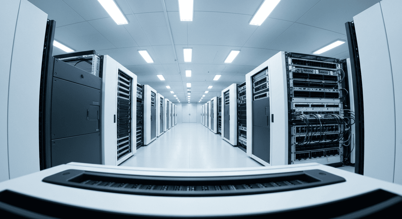 Cabos de fibra óptica e roteadores em um datacenter com monitores exibindo dados de rede.