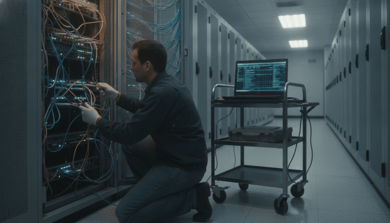 Engenheiro de telecomunicações analisando cabos de fibra óptica em rack de servidor com laptop.
