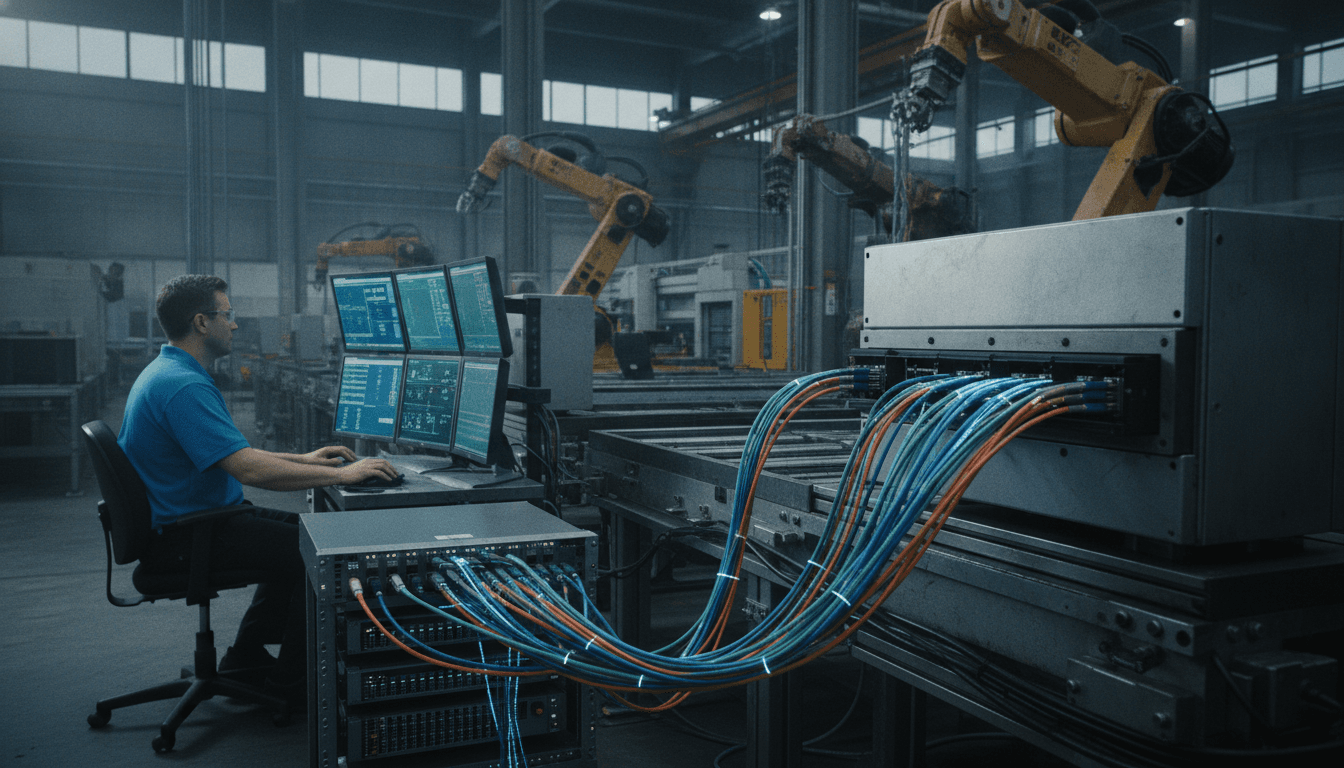 Engenheiro de rede monitora tráfego de dados entre servidores industriais.