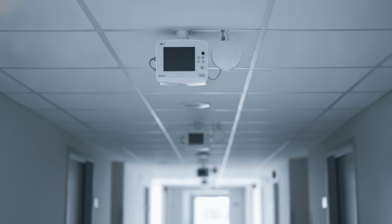Ponto de acesso Wi-Fi de alta densidade no teto de um corredor hospitalar cirúrgico