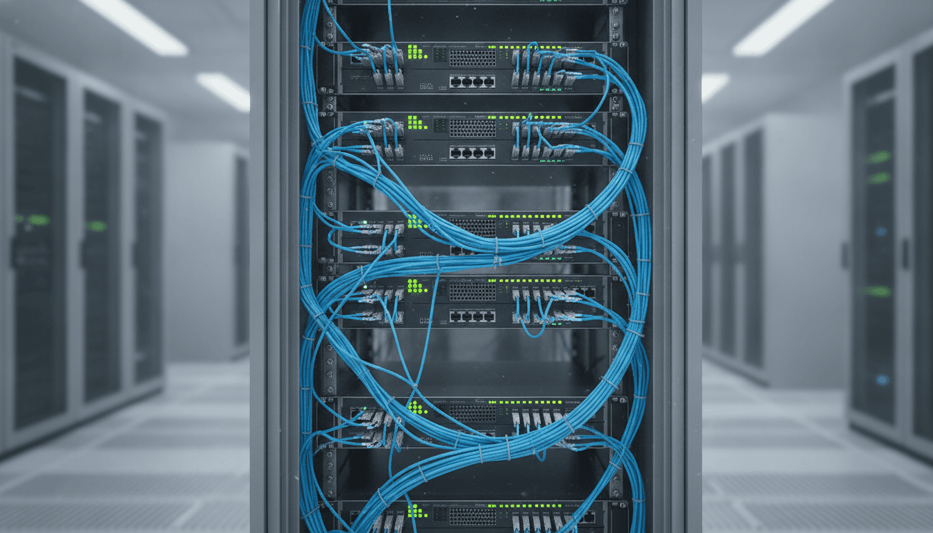 Servidores e switches interconectados por cabos de fibra óptica em rack de data center