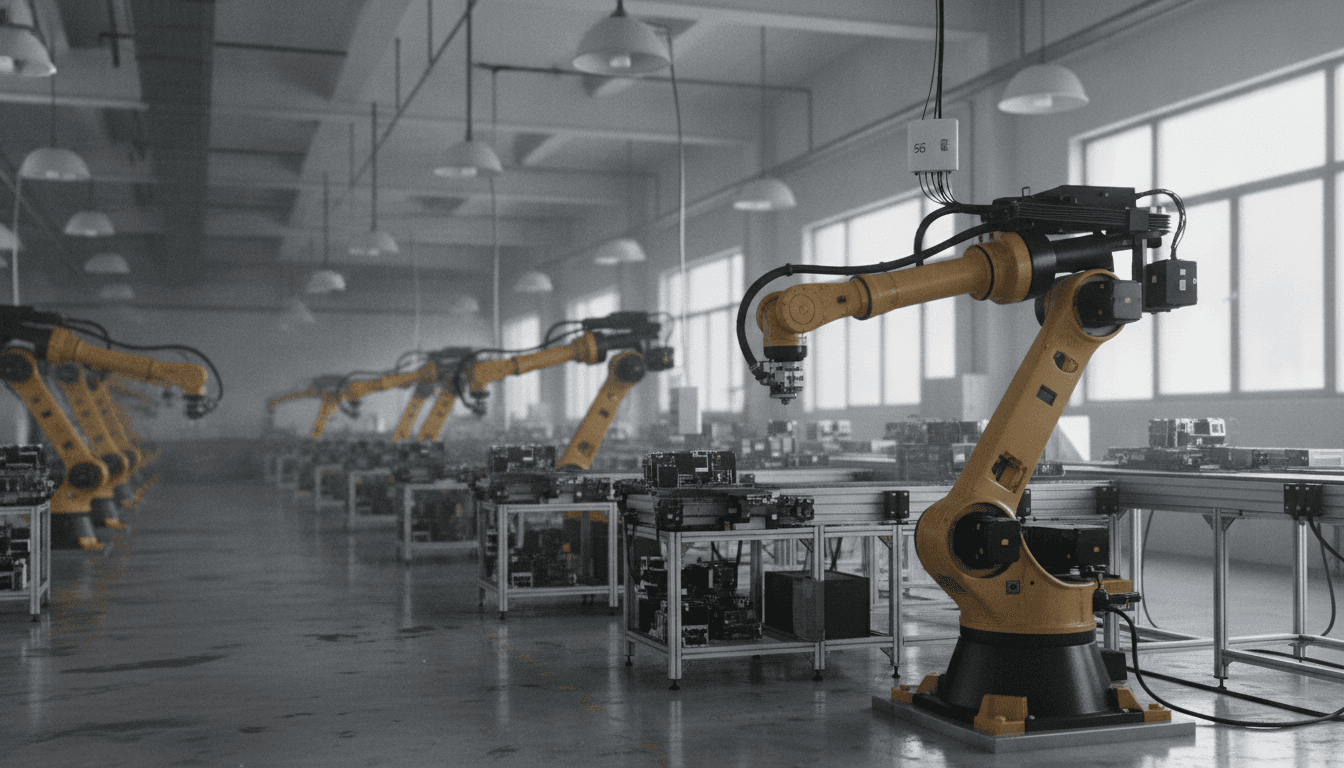 Planta industrial automatizada com braços robóticos e antenas de conectividade no teto