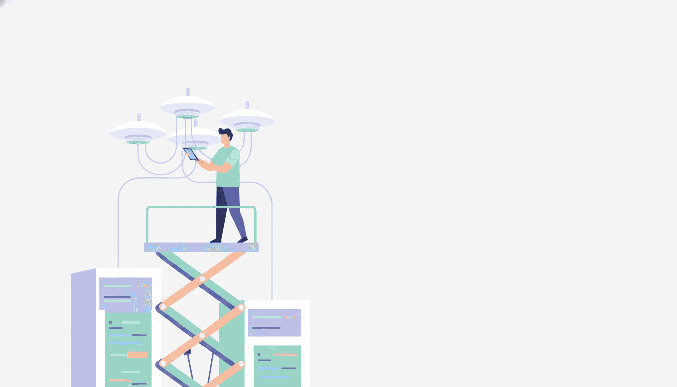 Engenheiro de telecomunicações configurando ponto de acesso wireless corporativo fixado no teto