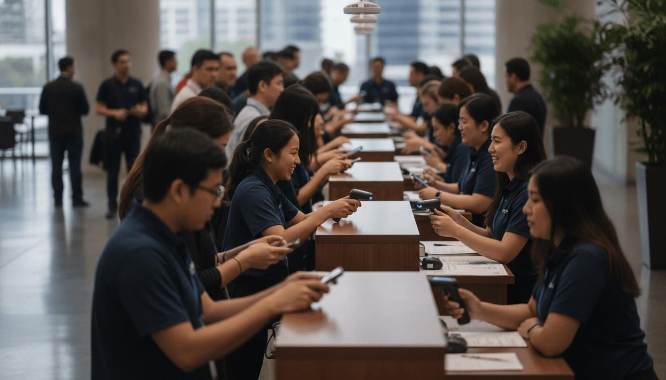 Pessoas em fila de credenciamento de evento com equipe usando leitores eletrônicos
