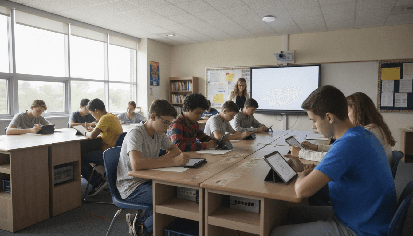 Estudantes em sala de aula usando tablets conectados com access point instalado no teto