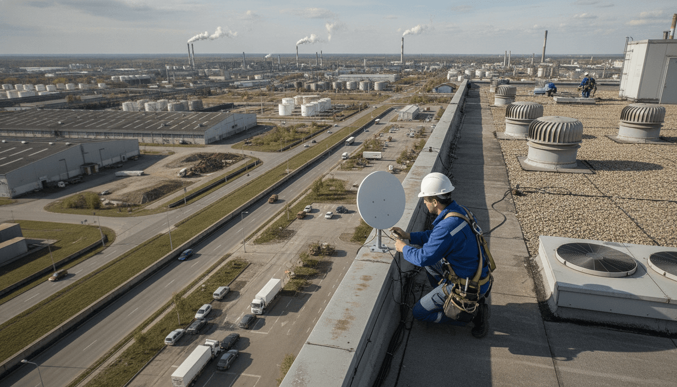 Técnico de telecomunicações ajustando antena de rádio instalada na cobertura de um prédio empresarial